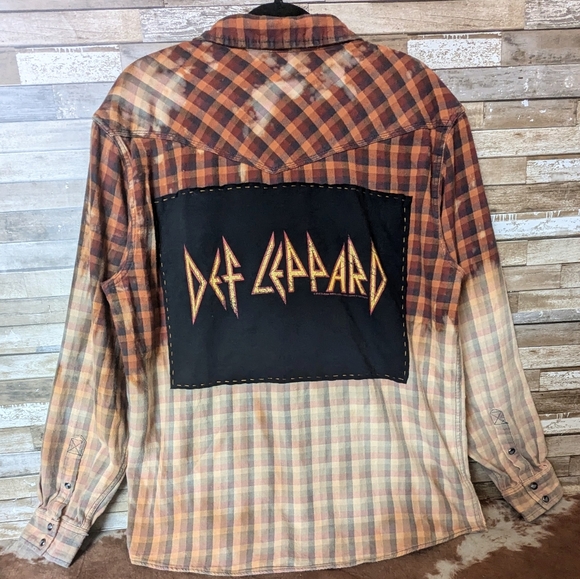 Hand Crafted Tops - Def Leppard Upcycled Dip Dye Bleach Flannel Shirt